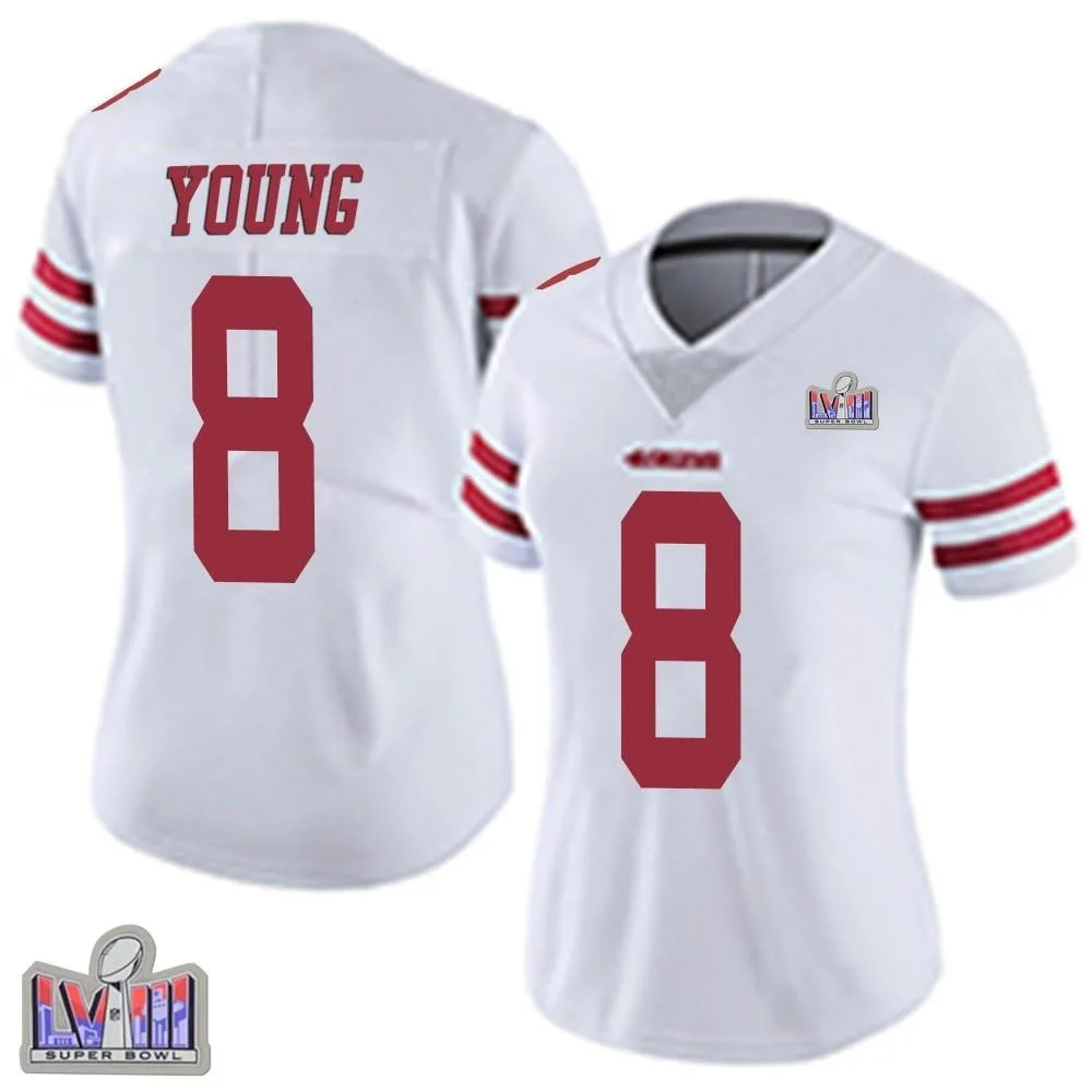 Women's San Francisco 49ers Steve Young Nike Vapor Untouchable Super Bowl LVIII Patch Limited White Jersey Women's San Francisco 49ers Steve Young Nike Vapor Untouchable Super Bowl LVIII Patch Limited White Jersey