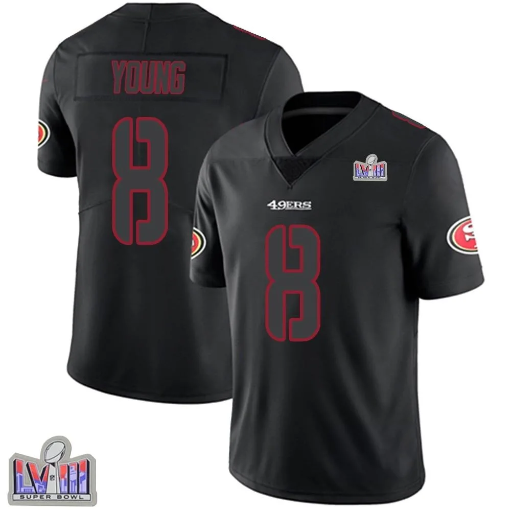 Youth San Francisco 49ers Steve Young Nike Super Bowl LVIII Patch Limited Black Impact Jersey Youth San Francisco 49ers Steve Young Nike Super Bowl LVIII Patch Limited Black Impact Jersey