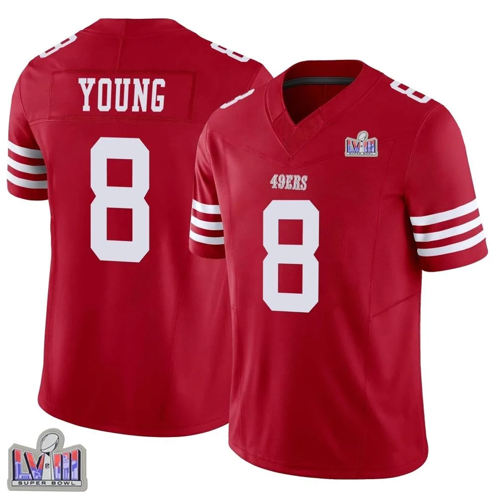 Youth San Francisco 49ers Steve Young Nike Vapor F.U.S.E. Super Bowl LVIII Patch Limited Scarlet Jersey Youth San Francisco 49ers Steve Young Nike Vapor F.U.S.E. Super Bowl LVIII Patch Limited Scarlet Jersey