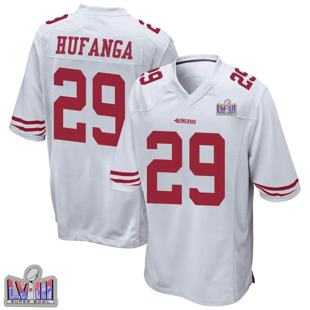 Men's San Francisco 49ers Talanoa Hufanga Nike Super Bowl LVIII Patch Game White Jersey Men's San Francisco 49ers Talanoa Hufanga Nike Super Bowl LVIII Patch Game White Jersey