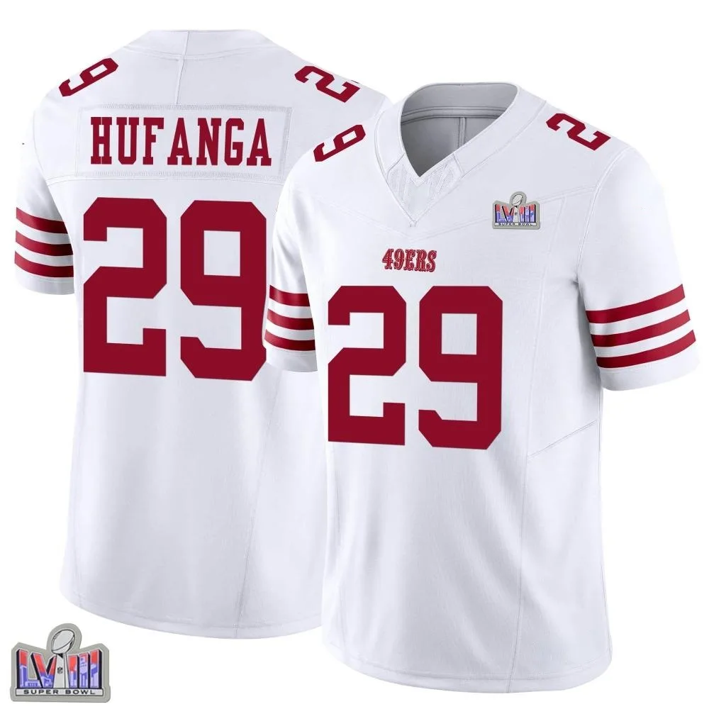 Men's San Francisco 49ers Talanoa Hufanga Nike Vapor F.U.S.E. Super Bowl LVIII Patch Limited White Jersey Men's San Francisco 49ers Talanoa Hufanga Nike Vapor F.U.S.E. Super Bowl LVIII Patch Limited White Jersey