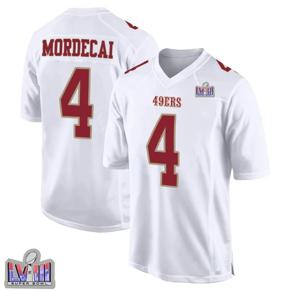 Men's San Francisco 49ers Tanner Mordecai Nike Fashion Super Bowl LVIII Patch Game White Jersey Men's San Francisco 49ers Tanner Mordecai Nike Fashion Super Bowl LVIII Patch Game White Jersey