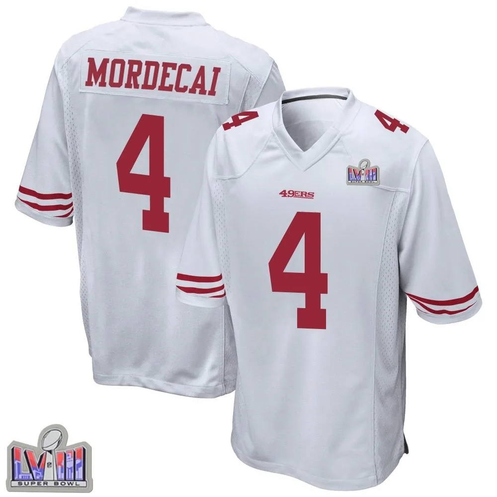 Men's San Francisco 49ers Tanner Mordecai Nike Super Bowl LVIII Patch Game White Jersey Men's San Francisco 49ers Tanner Mordecai Nike Super Bowl LVIII Patch Game White Jersey