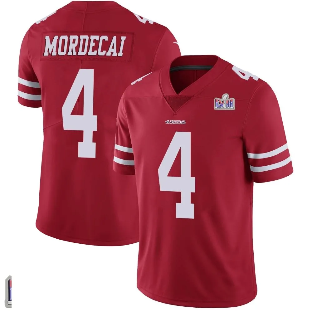 Men's San Francisco 49ers Tanner Mordecai Nike Team Color Vapor Untouchable Super Bowl LVIII Patch Limited Red Jersey Men's San Francisco 49ers Tanner Mordecai Nike Team Color Vapor Untouchable Super Bowl LVIII Patch Limited Red Jersey