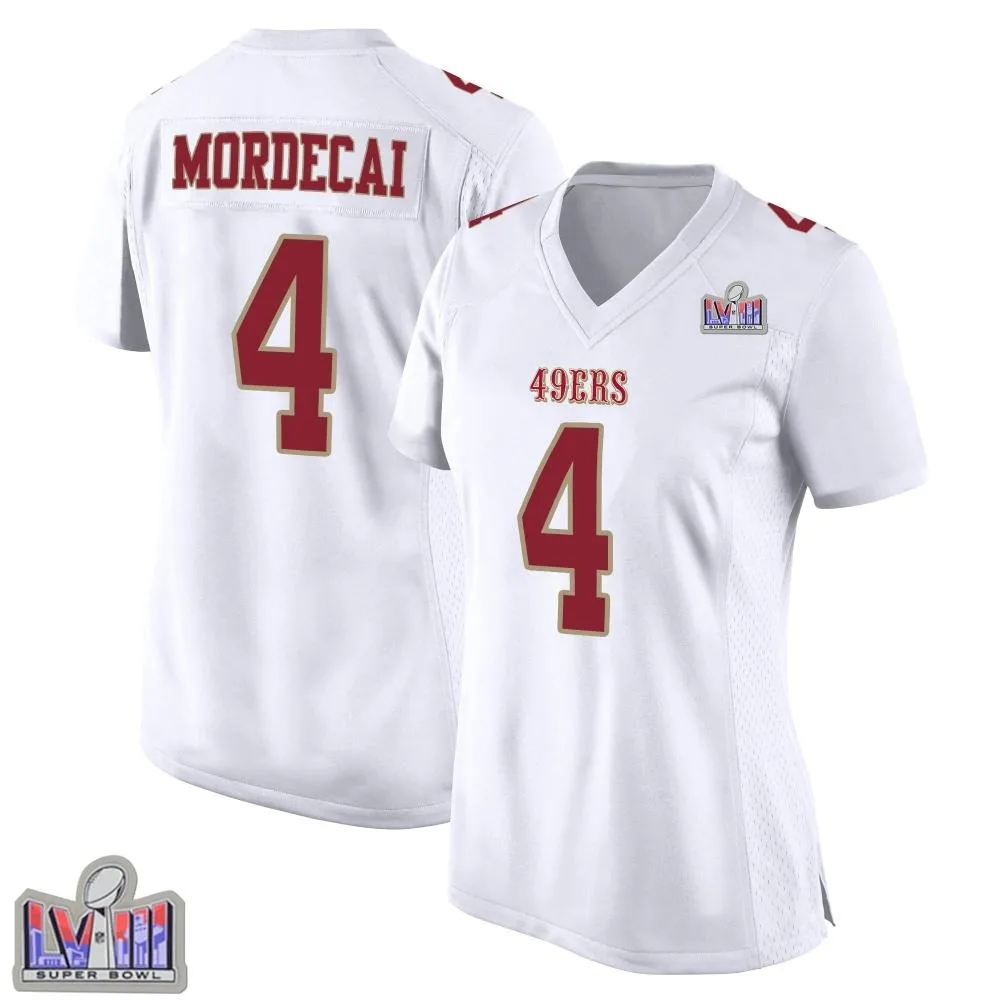 Women's San Francisco 49ers Tanner Mordecai Nike Fashion Super Bowl LVIII Patch Game White Jersey Women's San Francisco 49ers Tanner Mordecai Nike Fashion Super Bowl LVIII Patch Game White Jersey