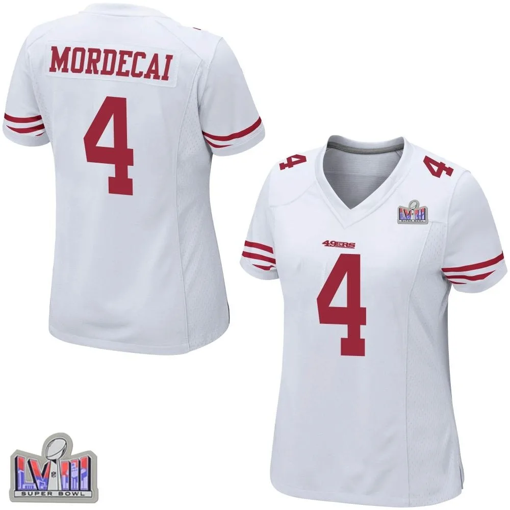 Women's San Francisco 49ers Tanner Mordecai Nike Super Bowl LVIII Patch Game White Jersey Women's San Francisco 49ers Tanner Mordecai Nike Super Bowl LVIII Patch Game White Jersey