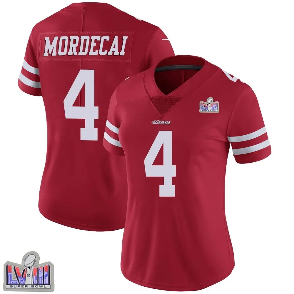 Women's San Francisco 49ers Tanner Mordecai Nike Team Color Vapor Untouchable Super Bowl LVIII Patch Limited Red Jersey Women's San Francisco 49ers Tanner Mordecai Nike Team Color Vapor Untouchable Super Bowl LVIII Patch Limited Red Jersey