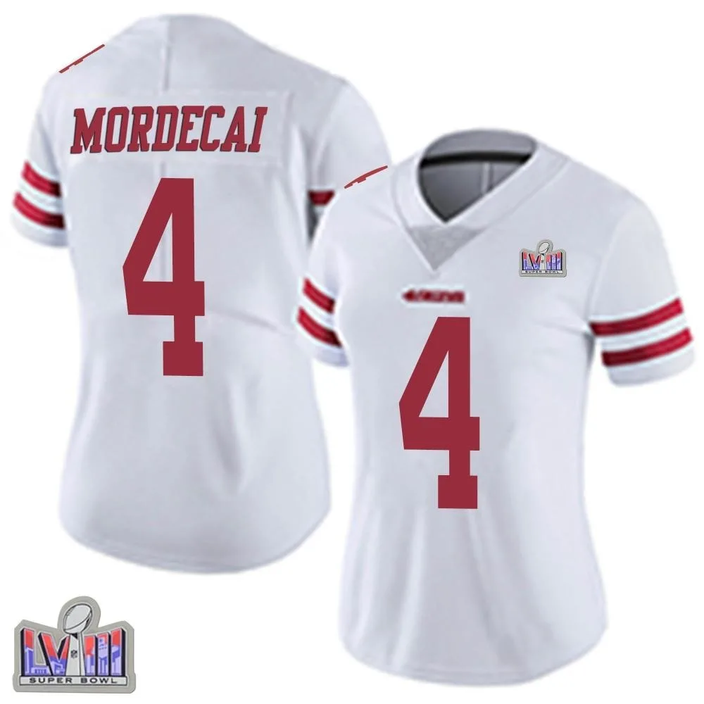 Women's San Francisco 49ers Tanner Mordecai Nike Vapor Untouchable Super Bowl LVIII Patch Limited White Jersey Women's San Francisco 49ers Tanner Mordecai Nike Vapor Untouchable Super Bowl LVIII Patch Limited White Jersey