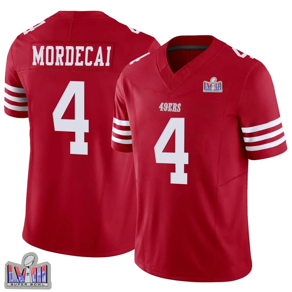 Youth San Francisco 49ers Tanner Mordecai Nike Vapor F.U.S.E. Super Bowl LVIII Patch Limited Scarlet Jersey Youth San Francisco 49ers Tanner Mordecai Nike Vapor F.U.S.E. Super Bowl LVIII Patch Limited Scarlet Jersey