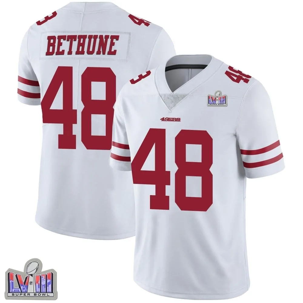 Men's San Francisco 49ers Tatum Bethune Nike Vapor Untouchable Super Bowl LVIII Patch Limited White Jersey Men's San Francisco 49ers Tatum Bethune Nike Vapor Untouchable Super Bowl LVIII Patch Limited White Jersey