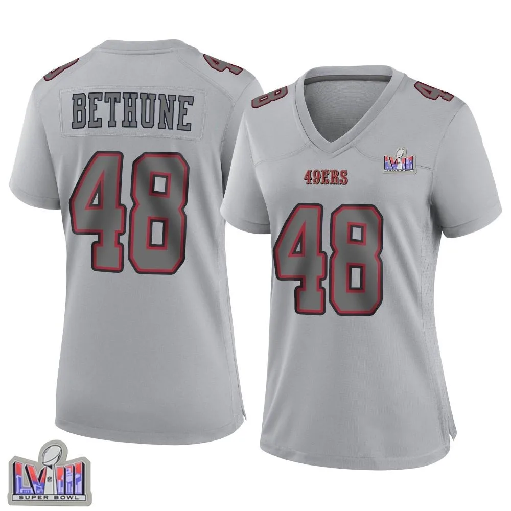 Women's San Francisco 49ers Tatum Bethune Nike Atmosphere Fashion Super Bowl LVIII Patch Game Gray Jersey Women's San Francisco 49ers Tatum Bethune Nike Atmosphere Fashion Super Bowl LVIII Patch Game Gray Jersey