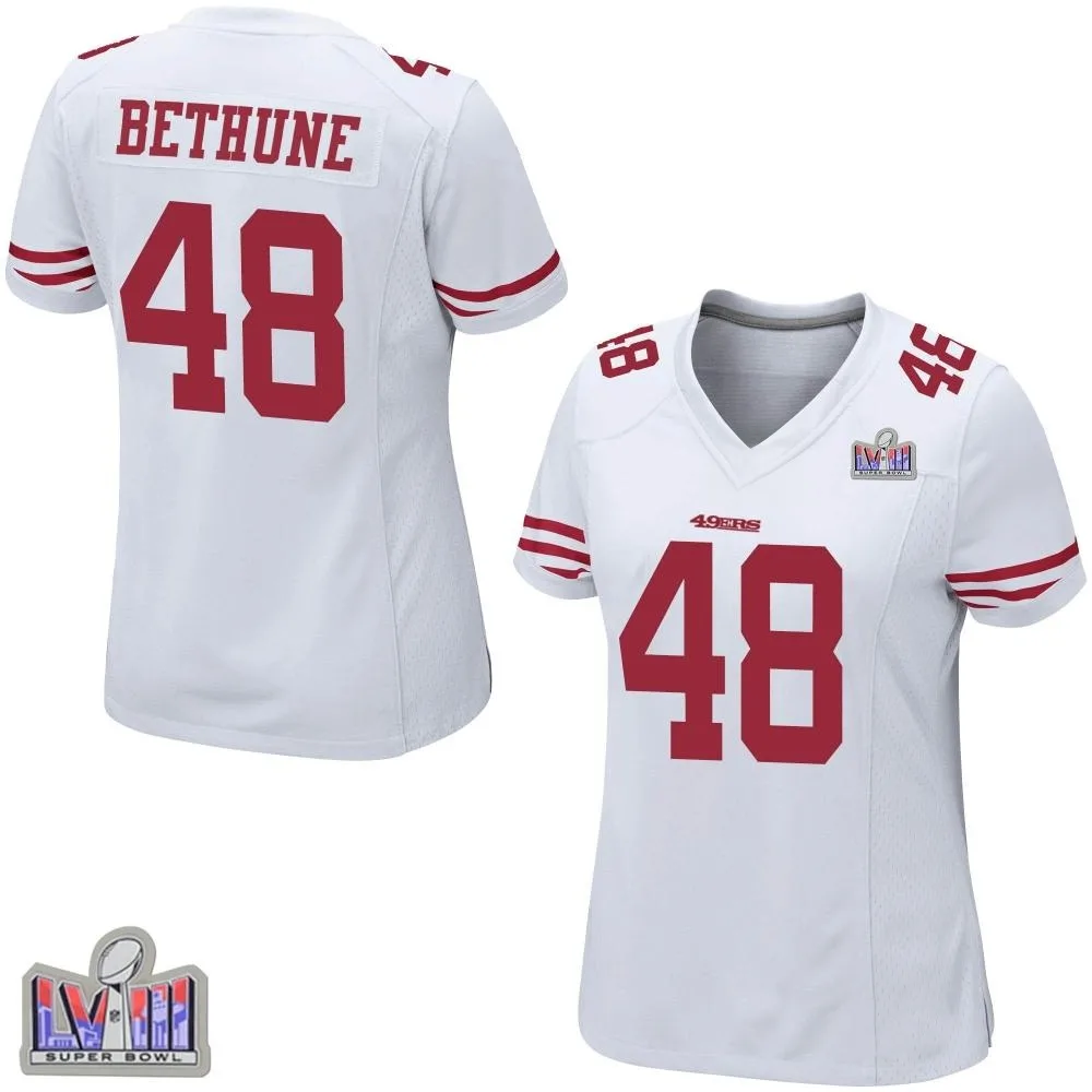 Women's San Francisco 49ers Tatum Bethune Nike Super Bowl LVIII Patch Game White Jersey Women's San Francisco 49ers Tatum Bethune Nike Super Bowl LVIII Patch Game White Jersey