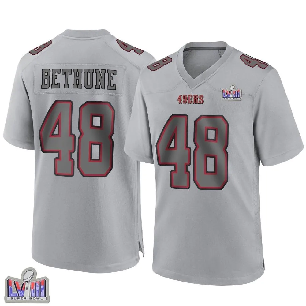 Youth San Francisco 49ers Tatum Bethune Nike Atmosphere Fashion Super Bowl LVIII Patch Game Gray Jersey Youth San Francisco 49ers Tatum Bethune Nike Atmosphere Fashion Super Bowl LVIII Patch Game Gray Jersey