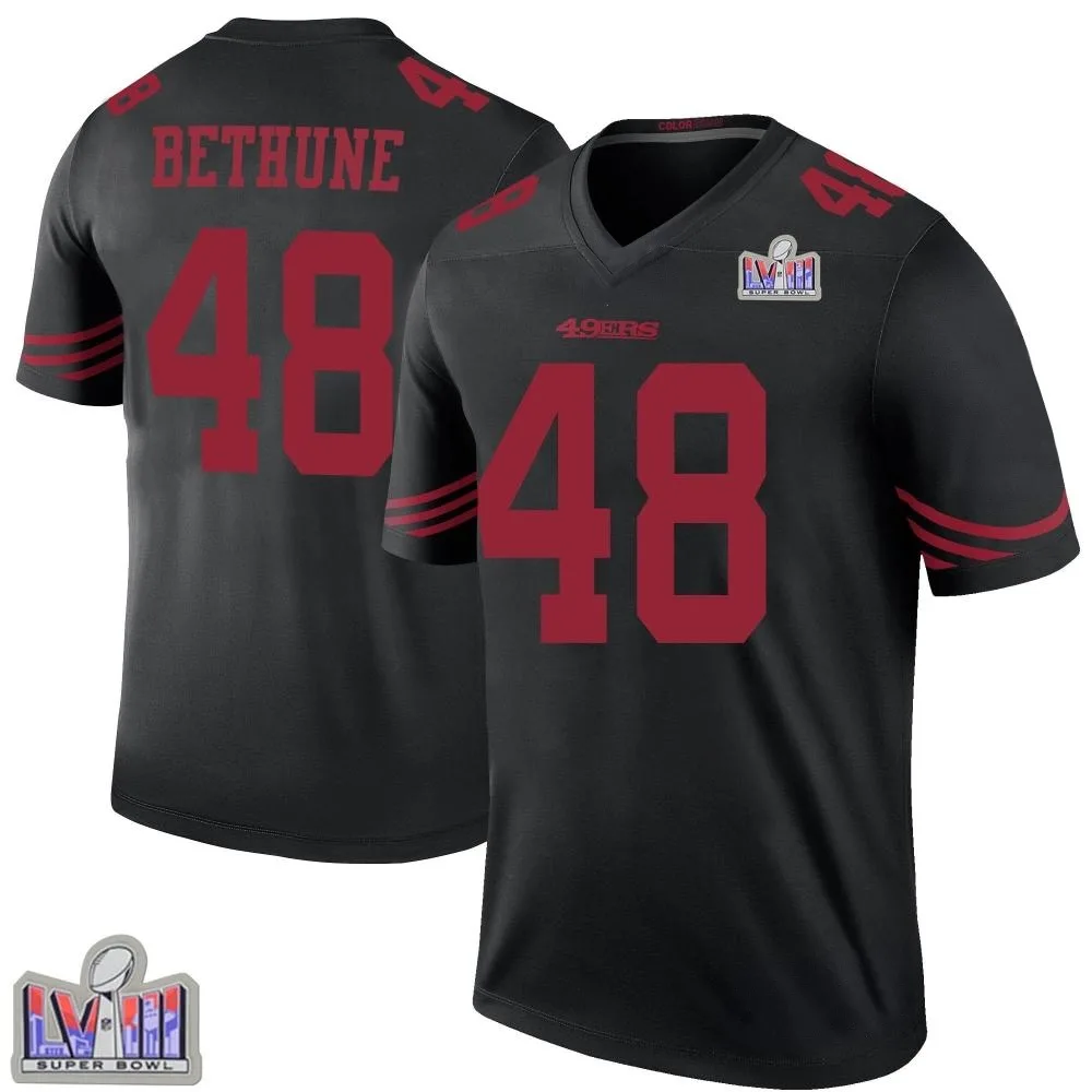 Youth San Francisco 49ers Tatum Bethune Nike Color Rush Super Bowl LVIII Patch Legend Black Jersey Youth San Francisco 49ers Tatum Bethune Nike Color Rush Super Bowl LVIII Patch Legend Black Jersey