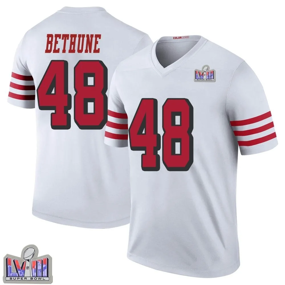 Youth San Francisco 49ers Tatum Bethune Nike Color Rush Super Bowl LVIII Patch Legend White Jersey Youth San Francisco 49ers Tatum Bethune Nike Color Rush Super Bowl LVIII Patch Legend White Jersey