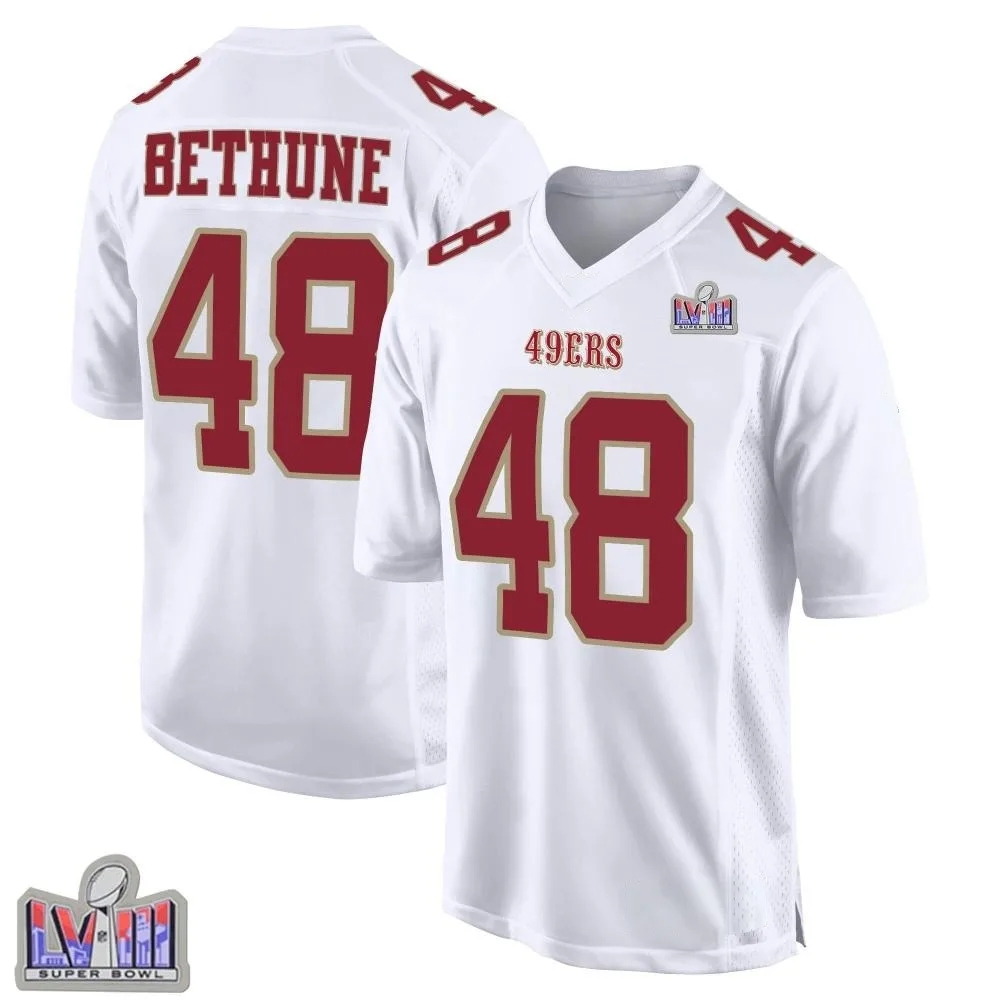 Youth San Francisco 49ers Tatum Bethune Nike Fashion Super Bowl LVIII Patch Game White Jersey Youth San Francisco 49ers Tatum Bethune Nike Fashion Super Bowl LVIII Patch Game White Jersey