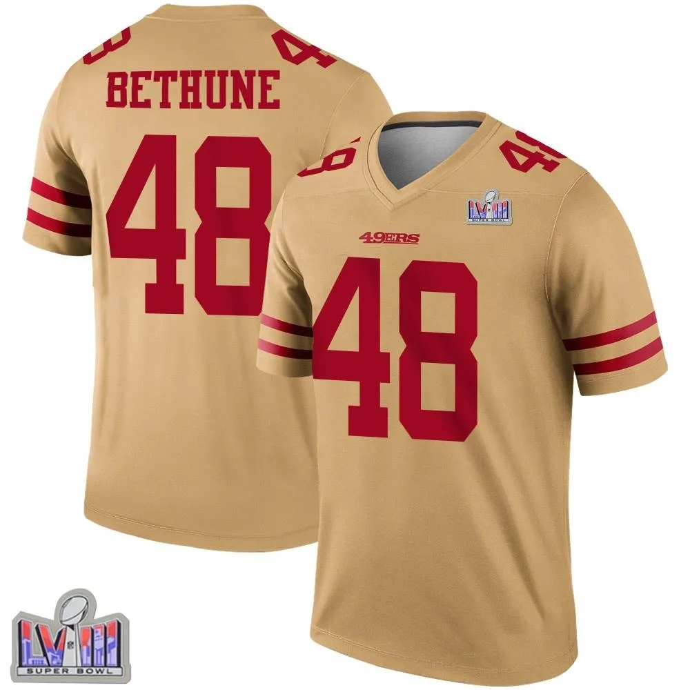 Youth San Francisco 49ers Tatum Bethune Nike Inverted Super Bowl LVIII Patch Legend Gold Jersey Youth San Francisco 49ers Tatum Bethune Nike Inverted Super Bowl LVIII Patch Legend Gold Jersey