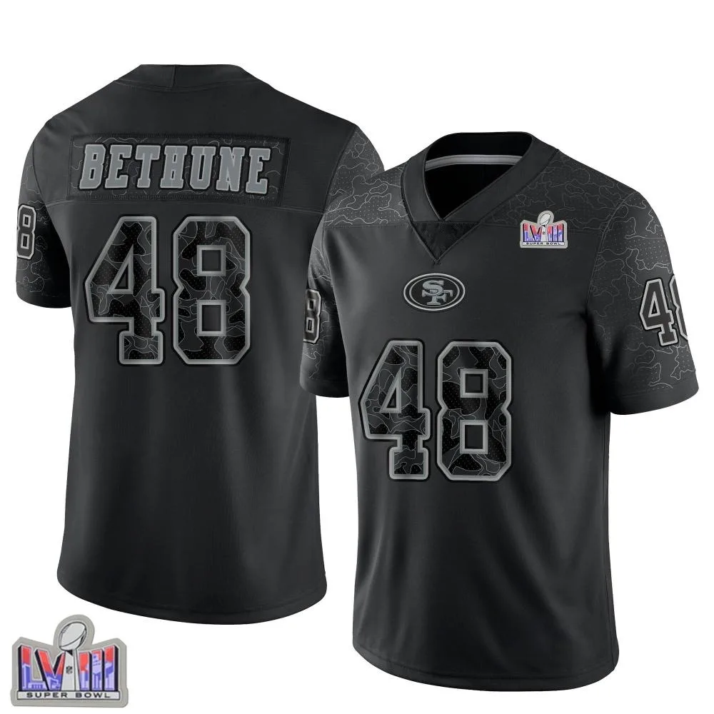 Youth San Francisco 49ers Tatum Bethune Nike Reflective Super Bowl LVIII Patch Limited Black Jersey Youth San Francisco 49ers Tatum Bethune Nike Reflective Super Bowl LVIII Patch Limited Black Jersey
