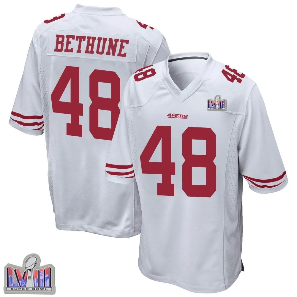 Youth San Francisco 49ers Tatum Bethune Nike Super Bowl LVIII Patch Game White Jersey Youth San Francisco 49ers Tatum Bethune Nike Super Bowl LVIII Patch Game White Jersey