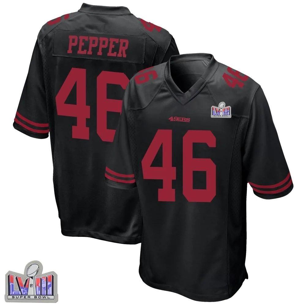 Men's San Francisco 49ers Taybor Pepper Nike Alternate Super Bowl LVIII Patch Game Black Jersey Men's San Francisco 49ers Taybor Pepper Nike Alternate Super Bowl LVIII Patch Game Black Jersey