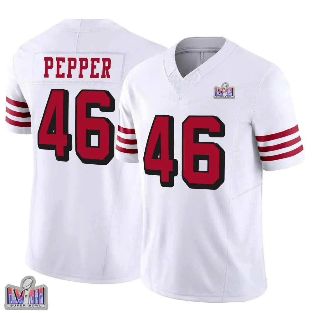 Men's San Francisco 49ers Taybor Pepper Nike Alternate Vapor F.U.S.E. Super Bowl LVIII Patch Limited White Jersey Men's San Francisco 49ers Taybor Pepper Nike Alternate Vapor F.U.S.E. Super Bowl LVIII Patch Limited White Jersey