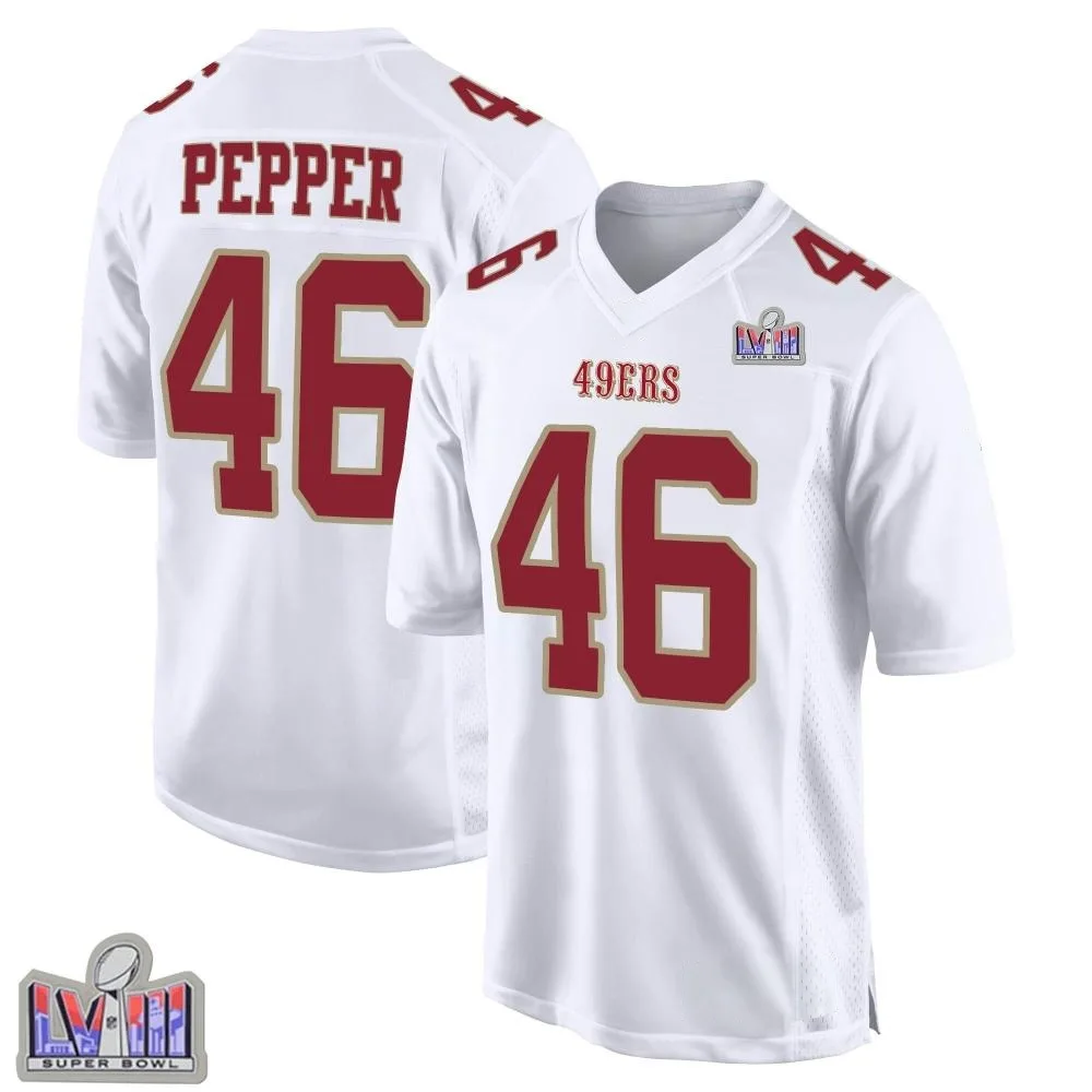 Men's San Francisco 49ers Taybor Pepper Nike Fashion Super Bowl LVIII Patch Game White Jersey Men's San Francisco 49ers Taybor Pepper Nike Fashion Super Bowl LVIII Patch Game White Jersey