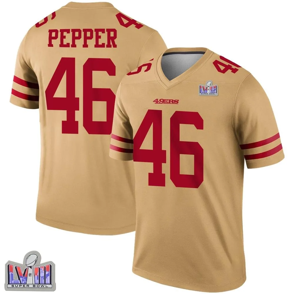 Men's San Francisco 49ers Taybor Pepper Nike Inverted Super Bowl LVIII Patch Legend Gold Jersey Men's San Francisco 49ers Taybor Pepper Nike Inverted Super Bowl LVIII Patch Legend Gold Jersey