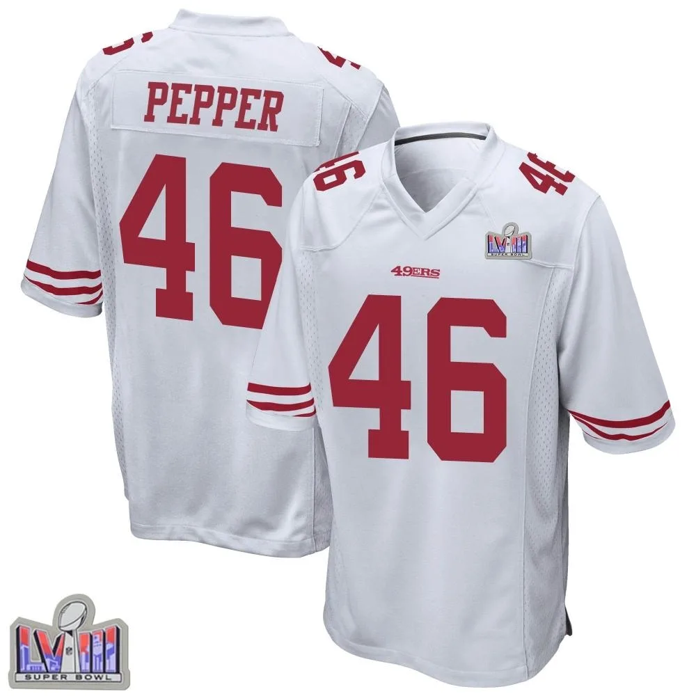 Men's San Francisco 49ers Taybor Pepper Nike Super Bowl LVIII Patch Game White Jersey Men's San Francisco 49ers Taybor Pepper Nike Super Bowl LVIII Patch Game White Jersey