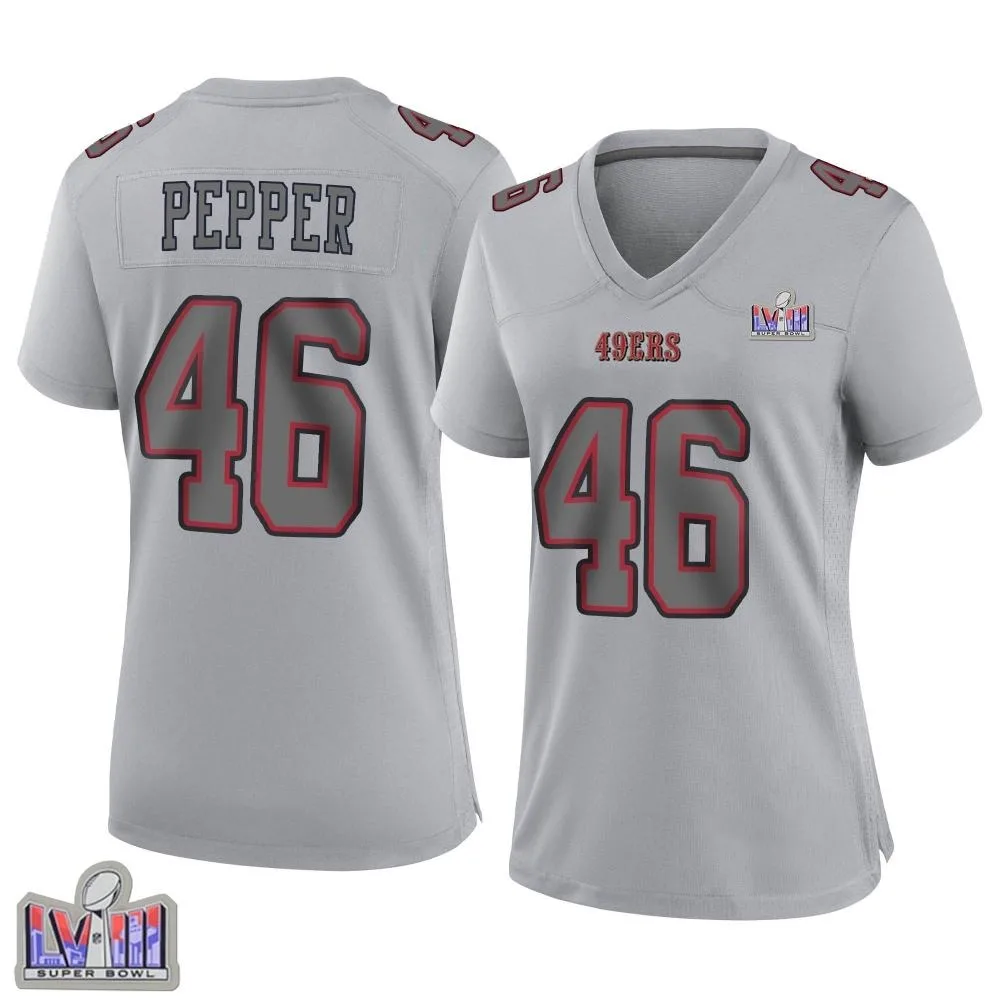 Women's San Francisco 49ers Taybor Pepper Nike Atmosphere Fashion Super Bowl LVIII Patch Game Gray Jersey Women's San Francisco 49ers Taybor Pepper Nike Atmosphere Fashion Super Bowl LVIII Patch Game Gray Jersey