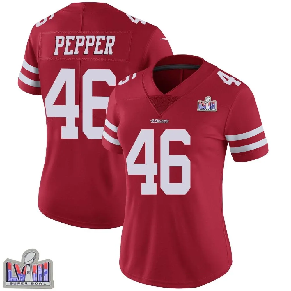 Women's San Francisco 49ers Taybor Pepper Nike Team Color Vapor Untouchable Super Bowl LVIII Patch Limited Red Jersey Women's San Francisco 49ers Taybor Pepper Nike Team Color Vapor Untouchable Super Bowl LVIII Patch Limited Red Jersey