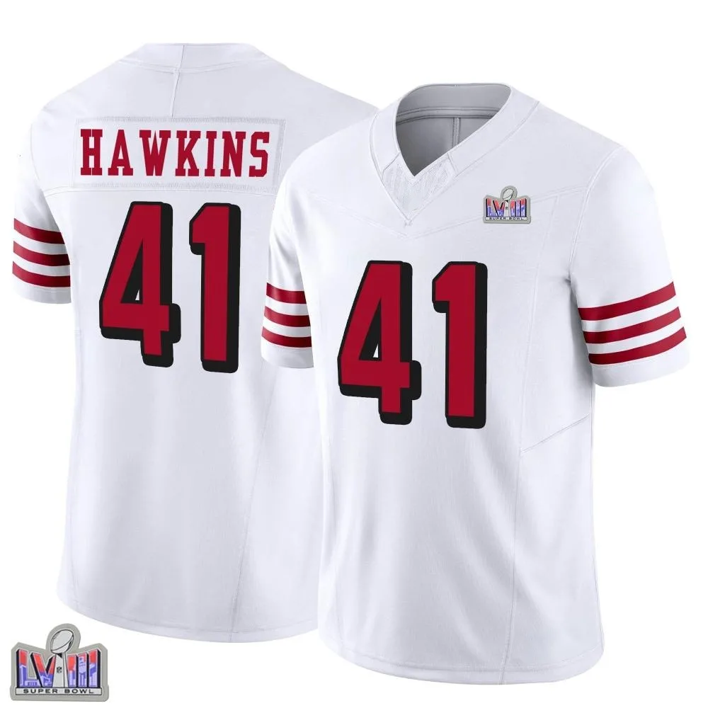 Men's San Francisco 49ers Tayler Hawkins Nike Alternate Vapor F.U.S.E. Super Bowl LVIII Patch Limited White Jersey Men's San Francisco 49ers Tayler Hawkins Nike Alternate Vapor F.U.S.E. Super Bowl LVIII Patch Limited White Jersey