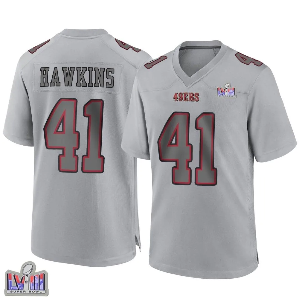 Men's San Francisco 49ers Tayler Hawkins Nike Atmosphere Fashion Super Bowl LVIII Patch Game Gray Jersey Men's San Francisco 49ers Tayler Hawkins Nike Atmosphere Fashion Super Bowl LVIII Patch Game Gray Jersey