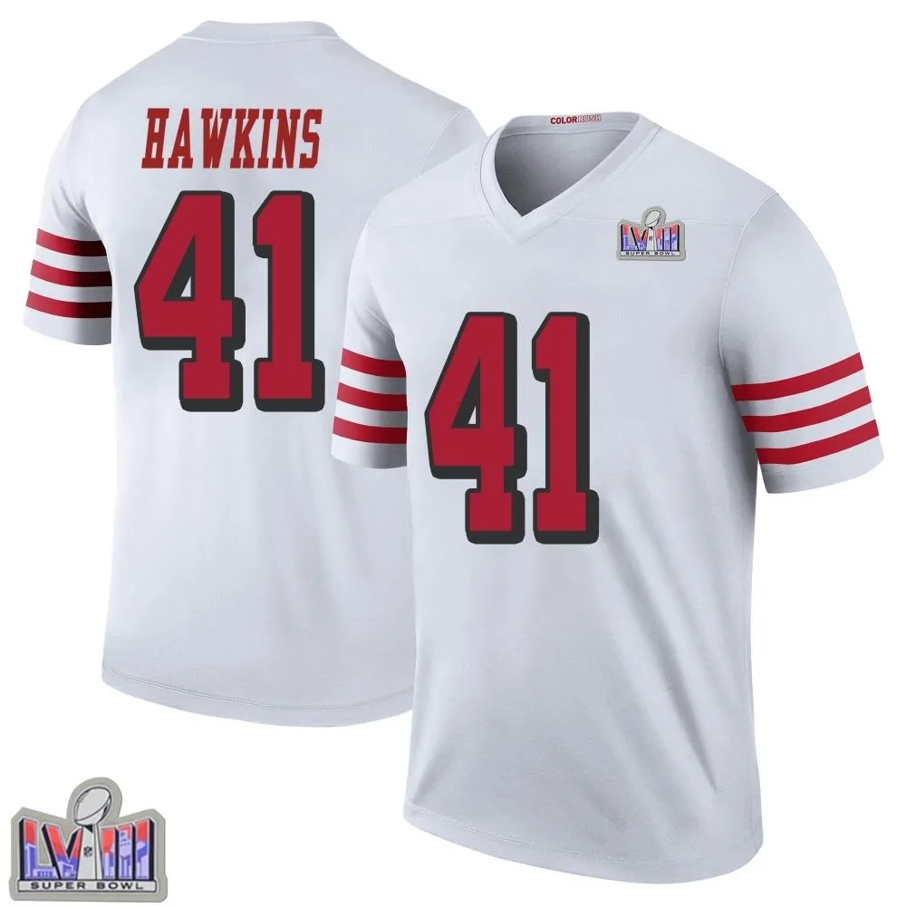 Men's San Francisco 49ers Tayler Hawkins Nike Color Rush Super Bowl LVIII Patch Legend White Jersey Men's San Francisco 49ers Tayler Hawkins Nike Color Rush Super Bowl LVIII Patch Legend White Jersey