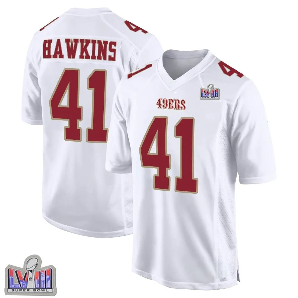 Men's San Francisco 49ers Tayler Hawkins Nike Fashion Super Bowl LVIII Patch Game White Jersey Men's San Francisco 49ers Tayler Hawkins Nike Fashion Super Bowl LVIII Patch Game White Jersey