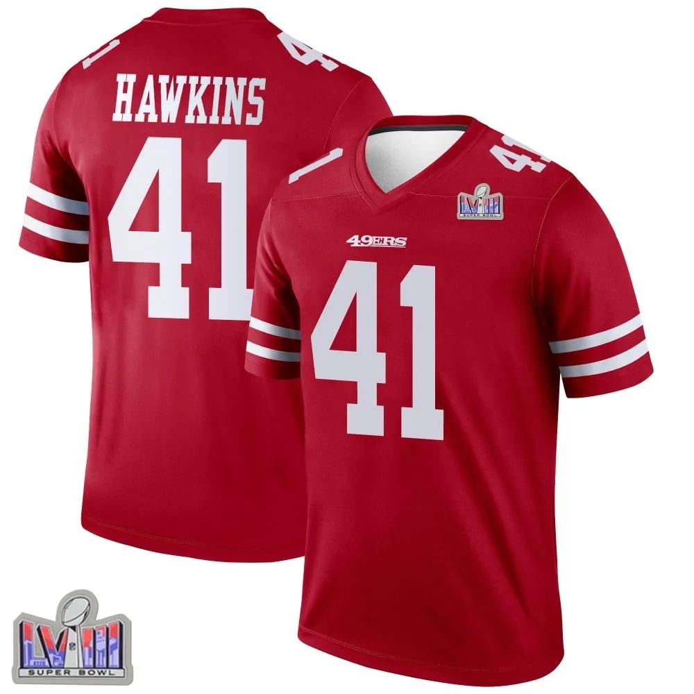 Men's San Francisco 49ers Tayler Hawkins Nike Super Bowl LVIII Patch Legend Scarlet Jersey Men's San Francisco 49ers Tayler Hawkins Nike Super Bowl LVIII Patch Legend Scarlet Jersey