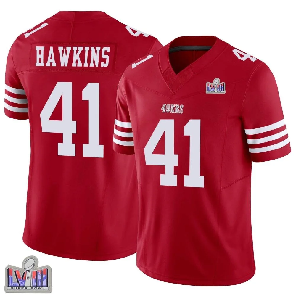 Men's San Francisco 49ers Tayler Hawkins Nike Vapor F.U.S.E. Super Bowl LVIII Patch Limited Scarlet Jersey Men's San Francisco 49ers Tayler Hawkins Nike Vapor F.U.S.E. Super Bowl LVIII Patch Limited Scarlet Jersey