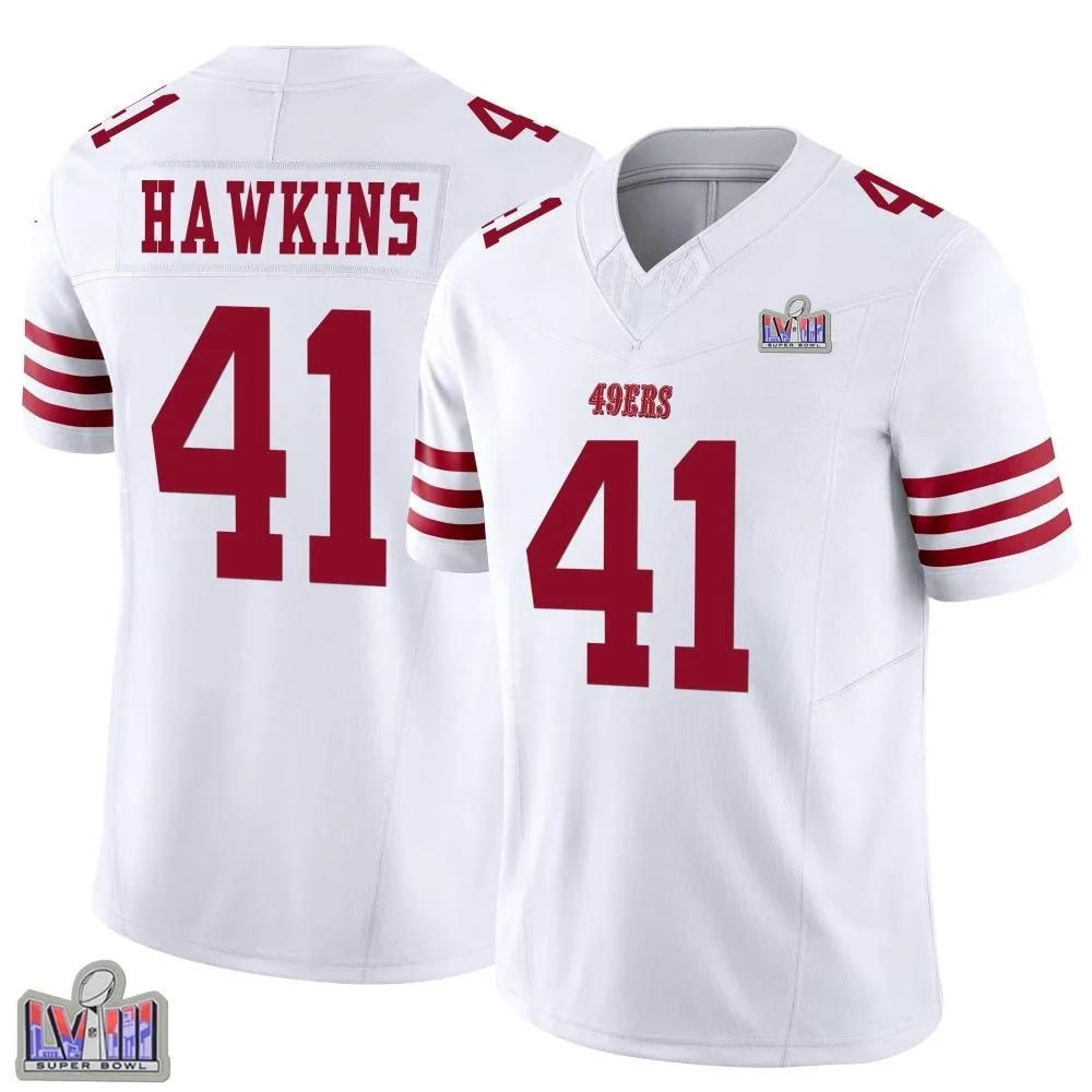 Men's San Francisco 49ers Tayler Hawkins Nike Vapor F.U.S.E. Super Bowl LVIII Patch Limited White Jersey Men's San Francisco 49ers Tayler Hawkins Nike Vapor F.U.S.E. Super Bowl LVIII Patch Limited White Jersey