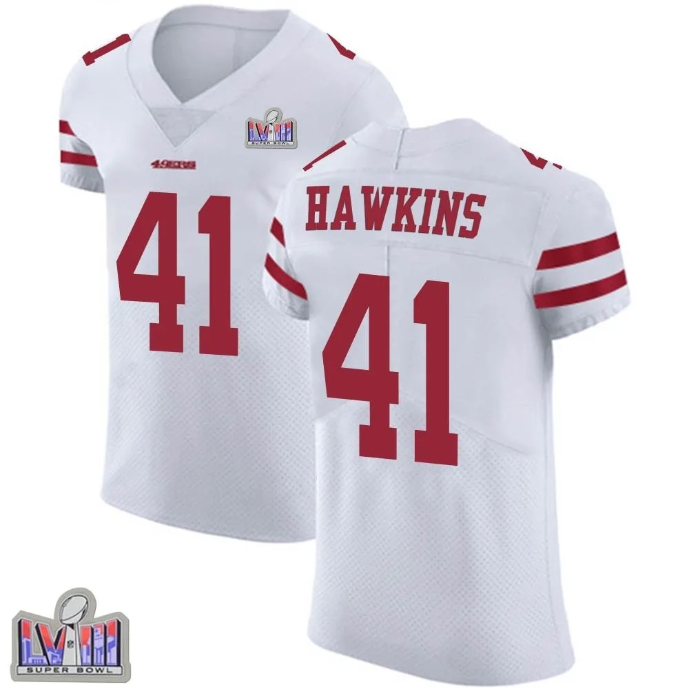 Men's San Francisco 49ers Tayler Hawkins Nike Vapor Untouchable Super Bowl LVIII Patch Elite White Jersey Men's San Francisco 49ers Tayler Hawkins Nike Vapor Untouchable Super Bowl LVIII Patch Elite White Jersey