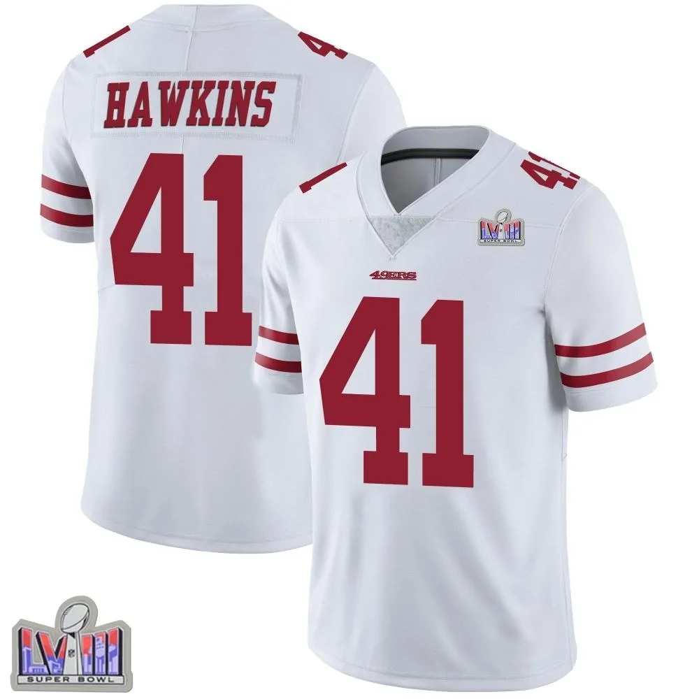 Men's San Francisco 49ers Tayler Hawkins Nike Vapor Untouchable Super Bowl LVIII Patch Limited White Jersey Men's San Francisco 49ers Tayler Hawkins Nike Vapor Untouchable Super Bowl LVIII Patch Limited White Jersey