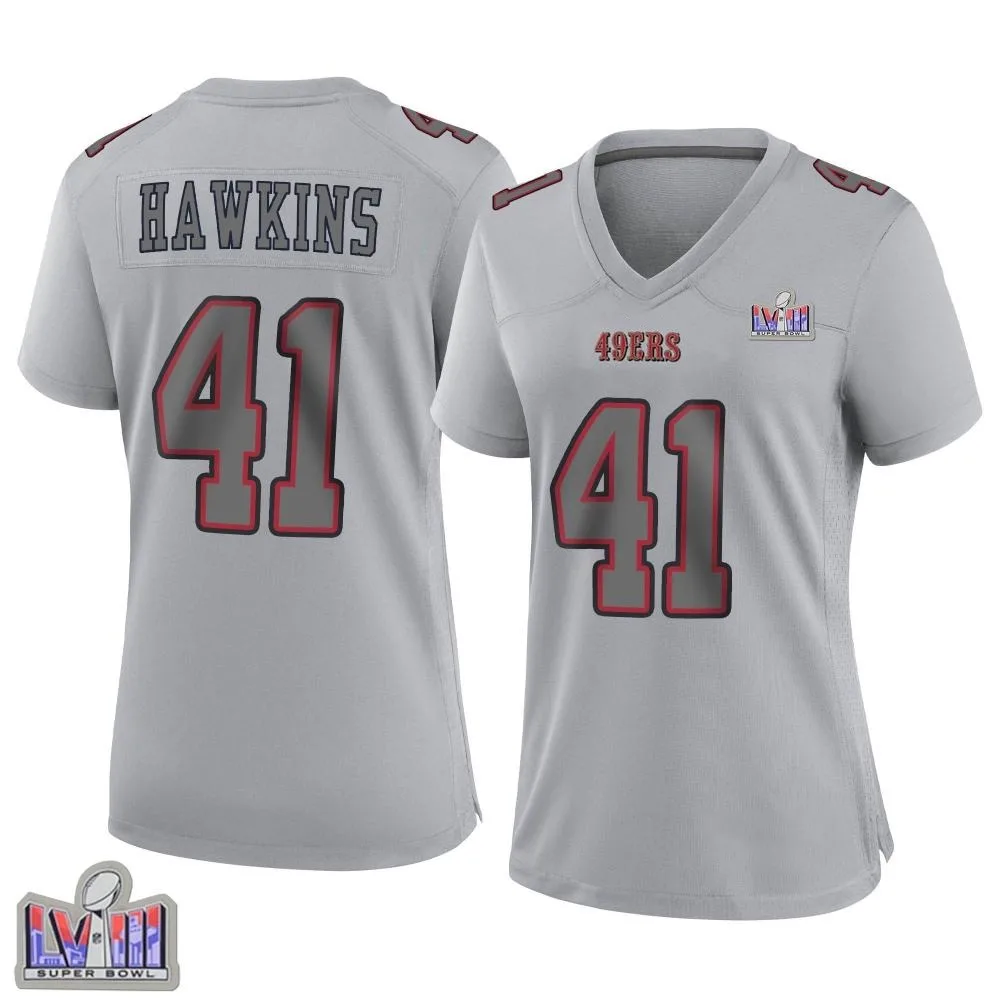 Women's San Francisco 49ers Tayler Hawkins Nike Atmosphere Fashion Super Bowl LVIII Patch Game Gray Jersey Women's San Francisco 49ers Tayler Hawkins Nike Atmosphere Fashion Super Bowl LVIII Patch Game Gray Jersey