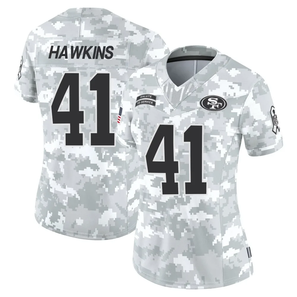 Women's San Francisco 49ers Tayler Hawkins Nike Francisco 2024 Salute To Service Limited Arctic Camo Jersey Women's San Francisco 49ers Tayler Hawkins Nike Francisco 2024 Salute To Service Limited Arctic Camo Jersey