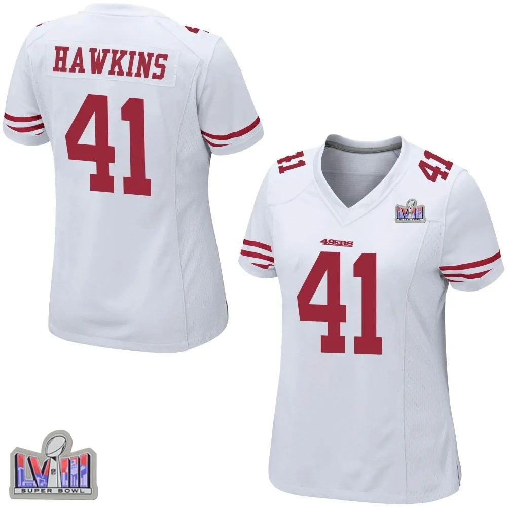 Women's San Francisco 49ers Tayler Hawkins Nike Super Bowl LVIII Patch Game White Jersey Women's San Francisco 49ers Tayler Hawkins Nike Super Bowl LVIII Patch Game White Jersey
