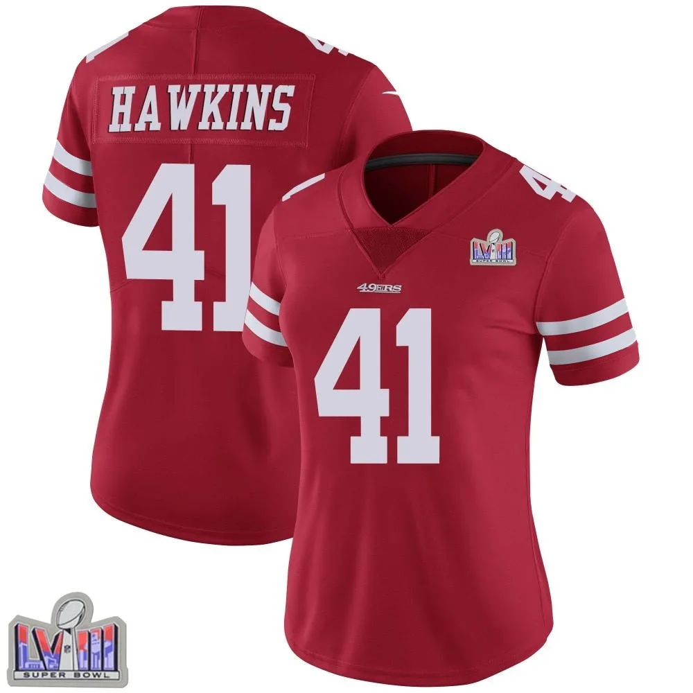 Women's San Francisco 49ers Tayler Hawkins Nike Team Color Vapor Untouchable Super Bowl LVIII Patch Limited Red Jersey Women's San Francisco 49ers Tayler Hawkins Nike Team Color Vapor Untouchable Super Bowl LVIII Patch Limited Red Jersey