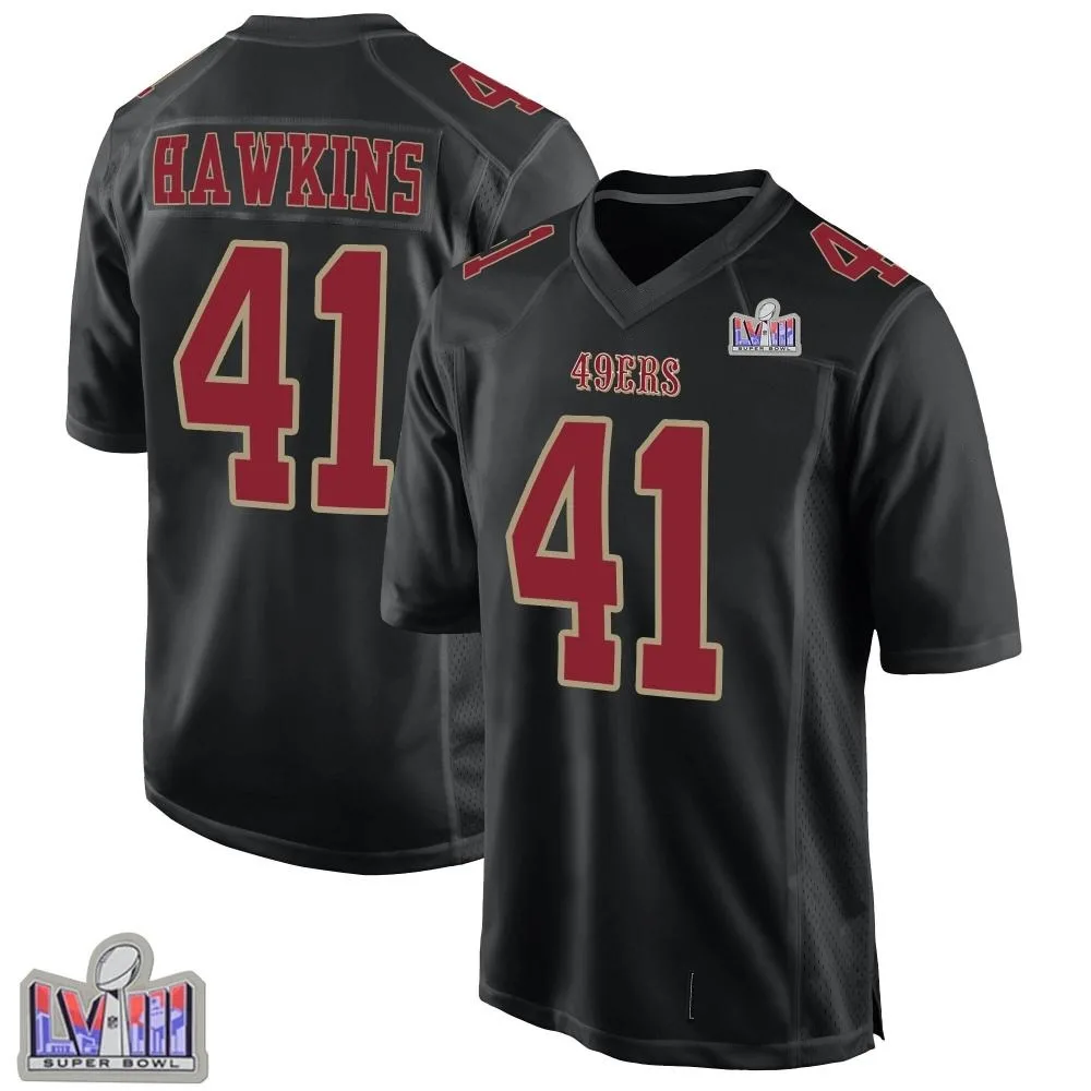 Youth San Francisco 49ers Tayler Hawkins Nike Fashion Super Bowl LVIII Patch Game Black Jersey Youth San Francisco 49ers Tayler Hawkins Nike Fashion Super Bowl LVIII Patch Game Black Jersey