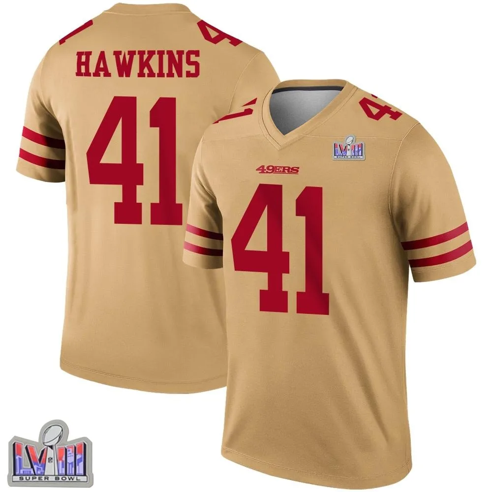Youth San Francisco 49ers Tayler Hawkins Nike Inverted Super Bowl LVIII Patch Legend Gold Jersey Youth San Francisco 49ers Tayler Hawkins Nike Inverted Super Bowl LVIII Patch Legend Gold Jersey