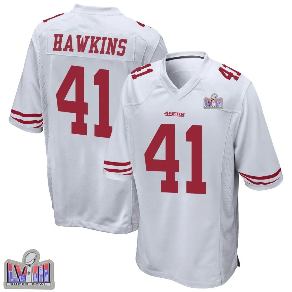 Youth San Francisco 49ers Tayler Hawkins Nike Super Bowl LVIII Patch Game White Jersey Youth San Francisco 49ers Tayler Hawkins Nike Super Bowl LVIII Patch Game White Jersey