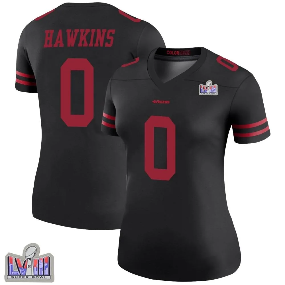Women's San Francisco 49ers Taylor Hawkins Nike Color Rush Super Bowl LVIII Patch Legend Black Jersey Women's San Francisco 49ers Taylor Hawkins Nike Color Rush Super Bowl LVIII Patch Legend Black Jersey