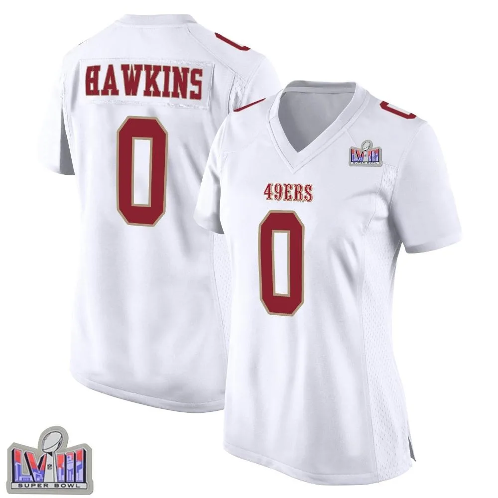 Women's San Francisco 49ers Taylor Hawkins Nike Fashion Super Bowl LVIII Patch Game White Jersey Women's San Francisco 49ers Taylor Hawkins Nike Fashion Super Bowl LVIII Patch Game White Jersey