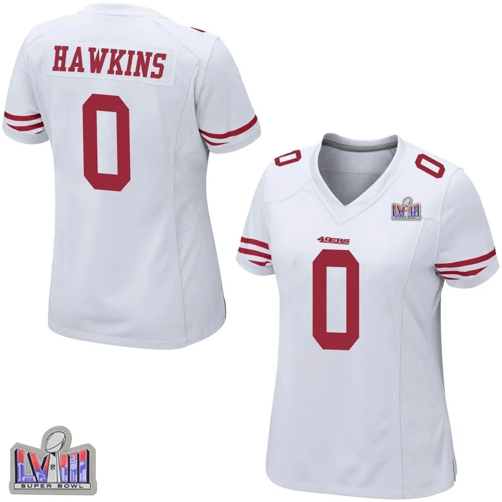 Women's San Francisco 49ers Taylor Hawkins Nike Super Bowl LVIII Patch Game White Jersey Women's San Francisco 49ers Taylor Hawkins Nike Super Bowl LVIII Patch Game White Jersey