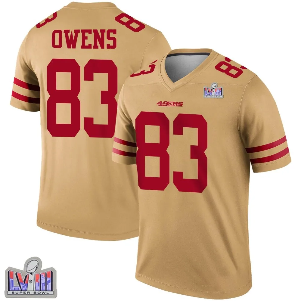 Men's San Francisco 49ers Terique Owens Nike Inverted Super Bowl LVIII Patch Legend Gold Jersey Men's San Francisco 49ers Terique Owens Nike Inverted Super Bowl LVIII Patch Legend Gold Jersey